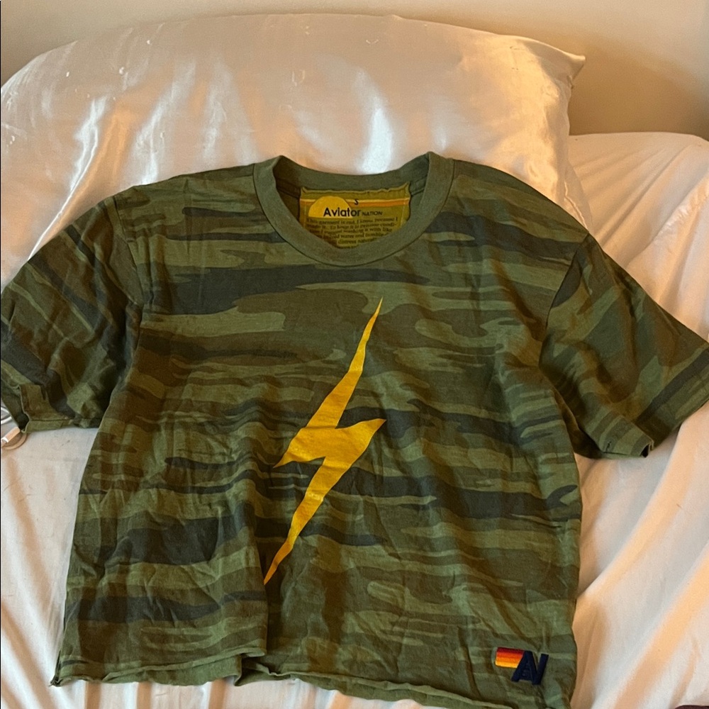 Aviator Nation Kids Camo Tee with Yellow Lightning Bolt